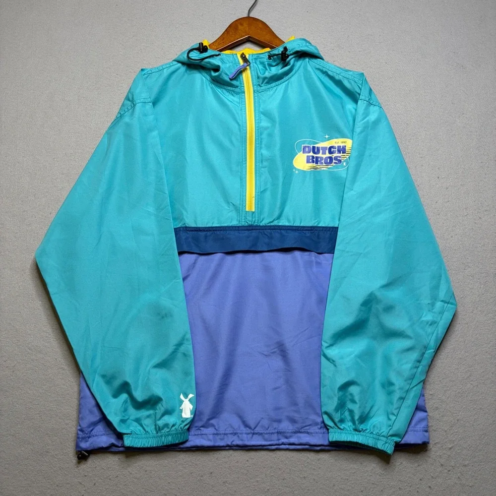 Dutch Bros Windbreaker Mens Medium Teal Purple Colorblock Quarter Zip Anorak